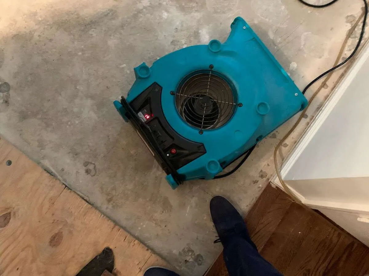 Air mover drying subfloor during Commercial Water Damage Restoration in Woodbury